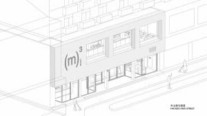 Architectural line drawing of a contemporary coffee shop facade with large glass windows, open ground floor, and pedestrians on the sidewalk.