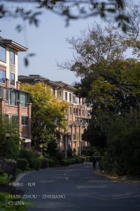Tree-lined pathway through a modern residential community featuring brick and stucco townhouses in Hangzhou, Zhejiang, China during autumn.