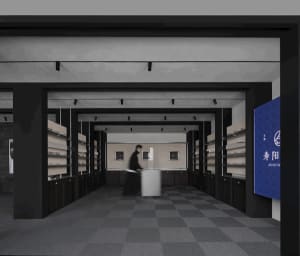 Modern monochrome boutique store interior featuring dark wood display shelves, central white counter, and checkered floor with a staff member working.