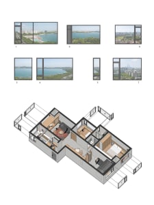 3D axonometric floor plan of a modern apartment showing living room, bedrooms, and study, accompanied by seven large window elevation photos displaying views of a lake and city skyline.