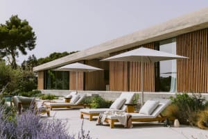 Modern concrete villa with vertical timber cladding, featuring multiple teak lounge chairs with white cushions and large white umbrellas on a spacious concrete terrace surrounded by lavender and Mediterranean landscaping.