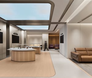 Modern luxury watch showroom interior with a large curved oak display counter, brown leather sofas, recessed lighting, and a large skylight opening to blue sky.