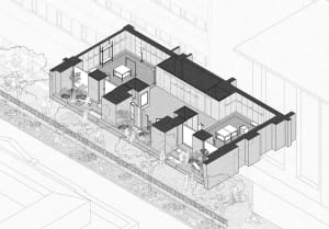 Black and white architectural drawing showing an axonometric section of a modern urban house with transparent glass walls, internal courtyards, multiple living levels, and surrounding street context with pedestrians and trees.