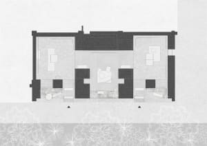Black and white architectural floor plan of a modern single-story house featuring a central courtyard, living room, dining area, multiple bedrooms, and surrounding garden elements.