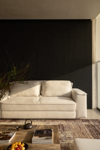 A contemporary living room featuring a light beige linen sofa, dark wood accent wall, wooden coffee table with magazines and a black teapot, and a patterned area rug.