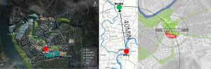 Three-panel urban planning diagram showing aerial view, transportation connectivity, and zoning analysis for the LuxeRivers Green Core Commercial district in Chongqing.