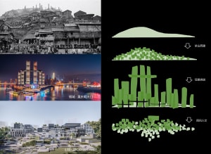 Collage showing the evolution of Chongqing’s mountain city: black-and-white historical photo of hillside slums, nighttime photo of illuminated Raffles City towers by the river, and a modern green architectural rendering labeled Green Heart.