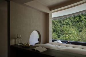 Modern minimalist bedroom interior with textured plaster walls, dark wood console, open book, and large window overlooking a green mountain forest.