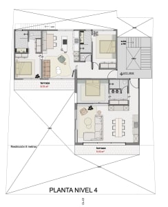 Technical floor plan drawing labeled PLANTA NIVEL 4 showing the complete layout of the fourth level of a luxury duplex apartment, including two bedrooms, living areas, kitchen, bathrooms, staircases, and two terraces measuring 9.72 m² and 9.10 m².