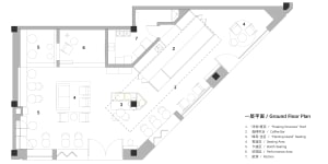 Architectural ground floor plan drawing showing numbered zones including floating structure roof, coffee bar, planting island seating, booth seating, and performance area.