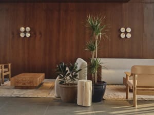 Modern living room featuring dark walnut wood panel walls, a large burl wood cube coffee table, light beige sofa, wooden armchair, potted plants, and layered area rugs on a tiled floor.