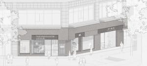Architectural rendering of Four Seasons Coffee Livehouse storefront with brick exterior, large windows, and pedestrians on the sidewalk.
