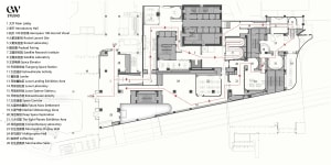 Black and white architectural floor plan of a large aerospace science museum with numbered exhibition halls, laboratories, and circulation paths.