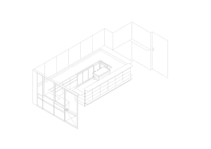Isometric architectural line drawing of a modern minimalist kitchen floor plan featuring a large central island, cabinetry, and multiple access points.