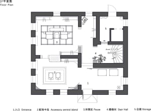 Black and white architectural floor plan of a modern two-story residence showing entrance, accessory central island, pause area, stair hall and storage zones.
