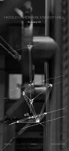 Black and white photograph of a geometric kinetic sculpture made of steel rods and joints, overlaid with white technical line drawings illustrating its mechanical structure, displayed in the Higold Hardware Energy Hall.