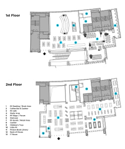 Black and white architectural floor plan of Mi Bookstore showing the first and second floor layouts with numbered zones including reading areas, café, retail space, and stage.