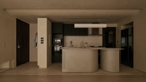 Modern minimalist kitchen with a large curved micro-cement island in warm beige tones, dark cabinetry, and soft ambient lighting