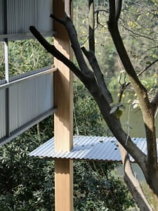 Close-up of a light-colored wooden structural column with a corrugated metal roof element wrapping around a mature tree trunk against a lush green forest and lake background.