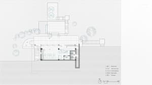 Technical floor plan drawing of a modern Italian restaurant including dining hall, bar counter, restrooms, storage, and rooftop terrace with north orientation indicator.