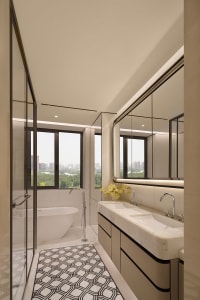 Modern luxury bathroom interior with white marble double vanity, freestanding bathtub, black-framed glass shower, and large windows overlooking a green cityscape.