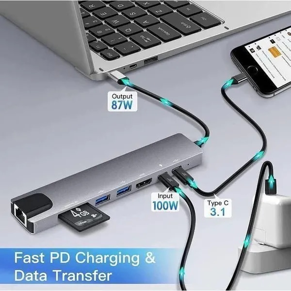 8 In 1 USB C Adapter,Type C HUB Ethernet HDMI Adapter thumbnail 3