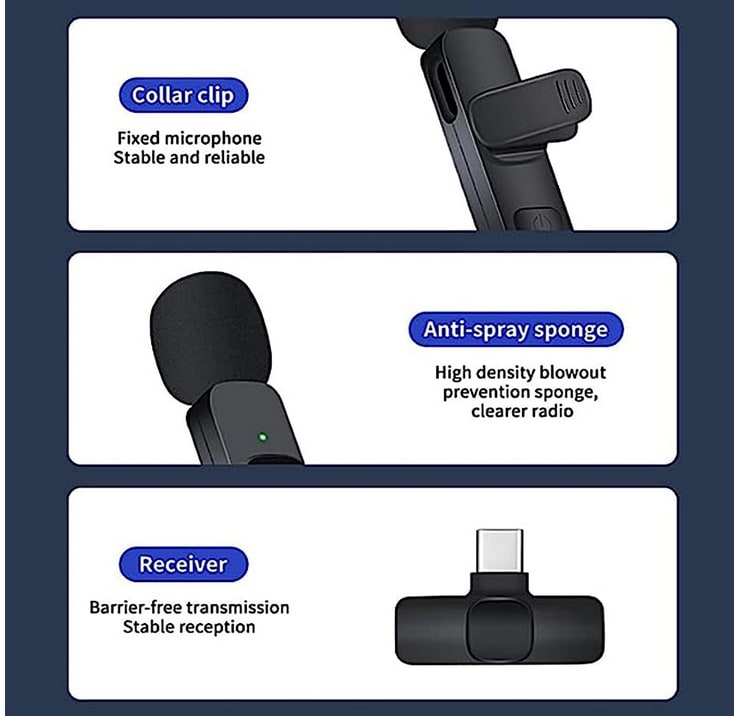 K8 Wireless Lavalier Microphone Plug and Play iPhone Android thumbnail 3