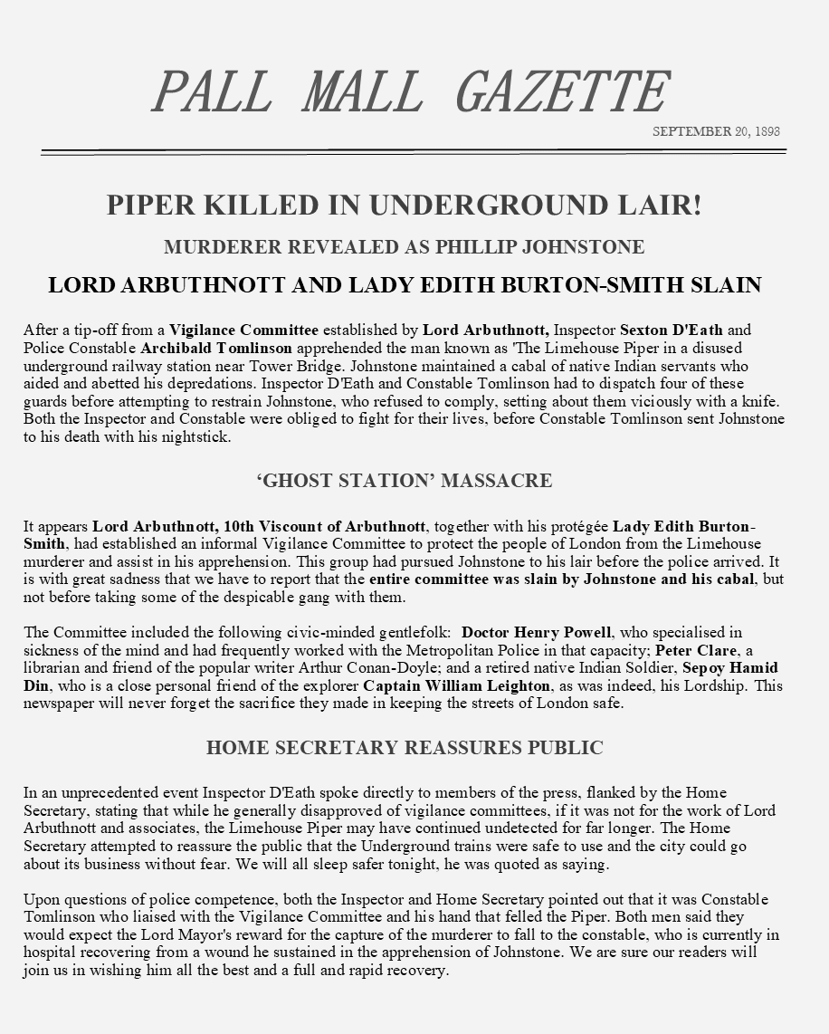 The Pall Mall Gazette, 20th September 1893: Piper Killed in Underground Lair
