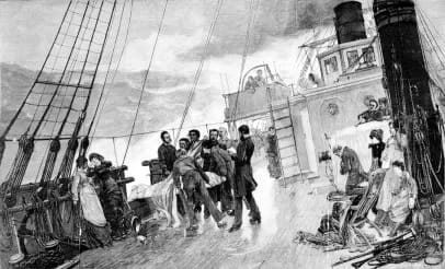 An engraving of a 19th Century burial at sea.
