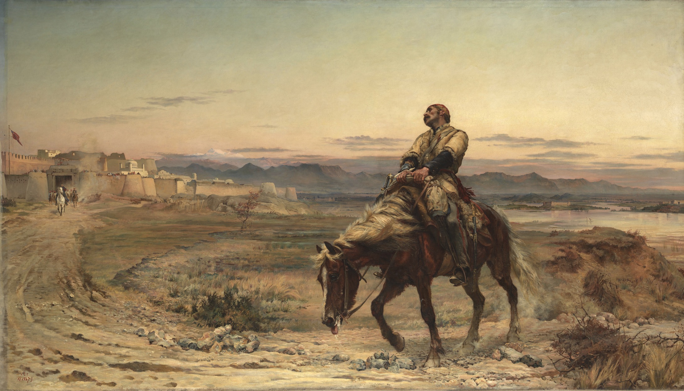 A lone, exhausted rider on a spent horse approaches the walls of a fort across open ground, mountains behind.