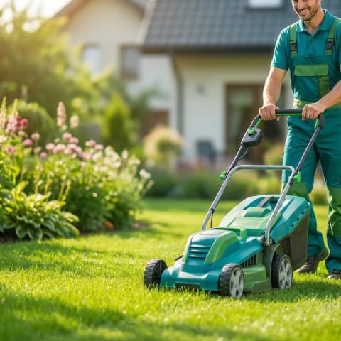 Lawn mower on a green lawn