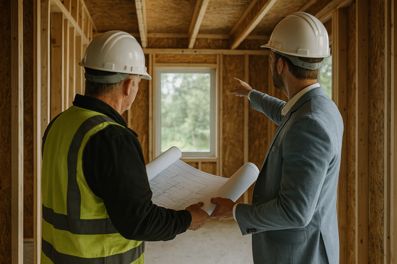 Architect on a Seattle jobsite reviewing plans in an unfinished interior with exposed studs and OSB