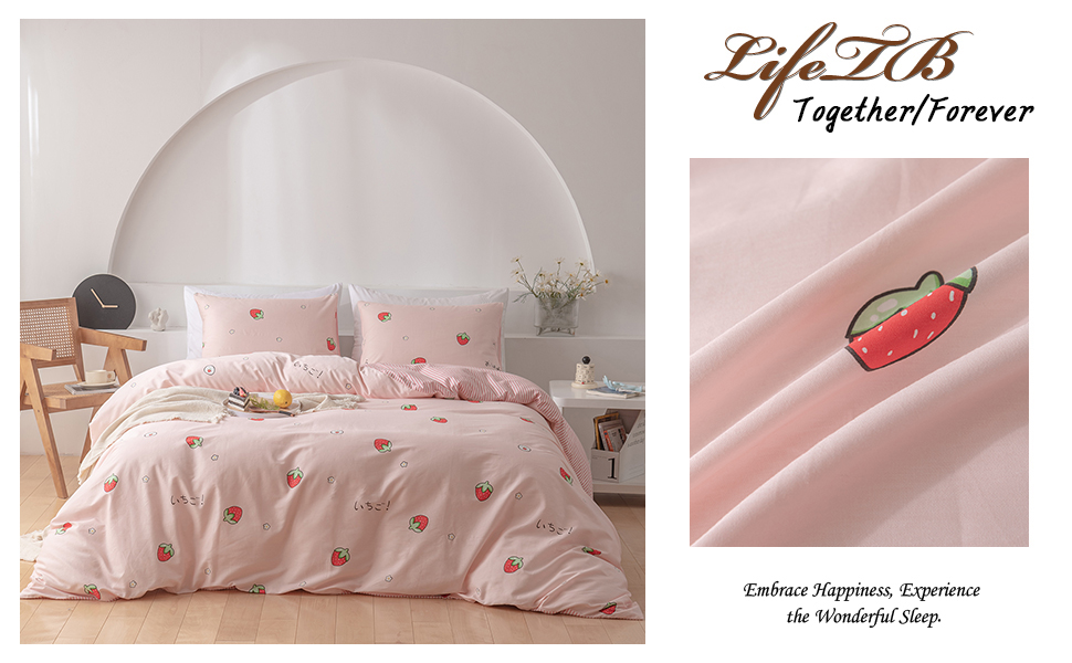 HANDONTIME Twin Duvet Cover Set Pure Cotton Cute Pink Strawberry Sheets  Japanese Style Bedding Set 3 Pieces with Zipper Closure & Corner Ties, 1  Kawaii Pink Duv…