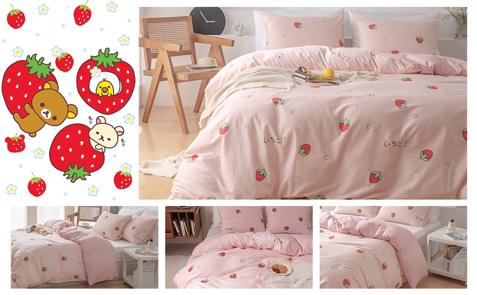 HANDONTIME Twin Duvet Cover Set Pure Cotton Cute Pink Strawberry Sheets  Japanese Style Bedding Set 3 Pieces with Zipper Closure & Corner Ties, 1  Kawaii Pink Duv…