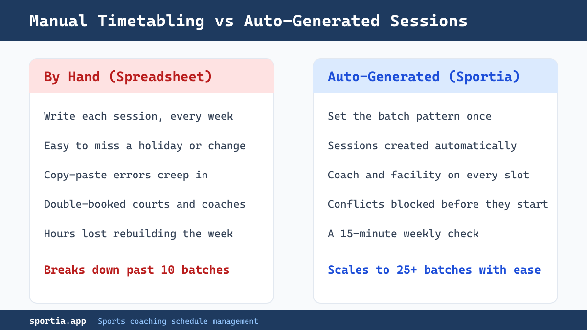 Sports coaching schedule management with manual timetable versus auto-generated sessions in Sportia