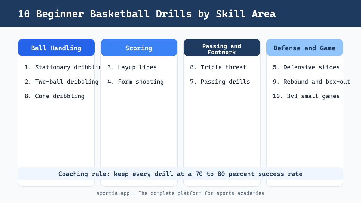 Basketball drills for beginners grouped by skill area for young players