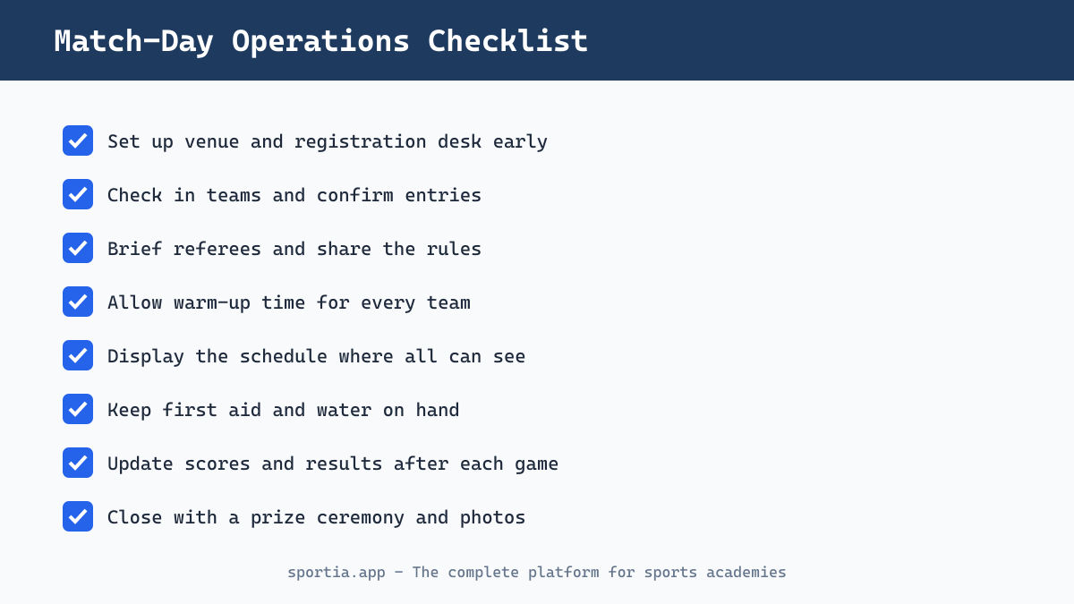Match-day operations checklist for running a sports academy tournament