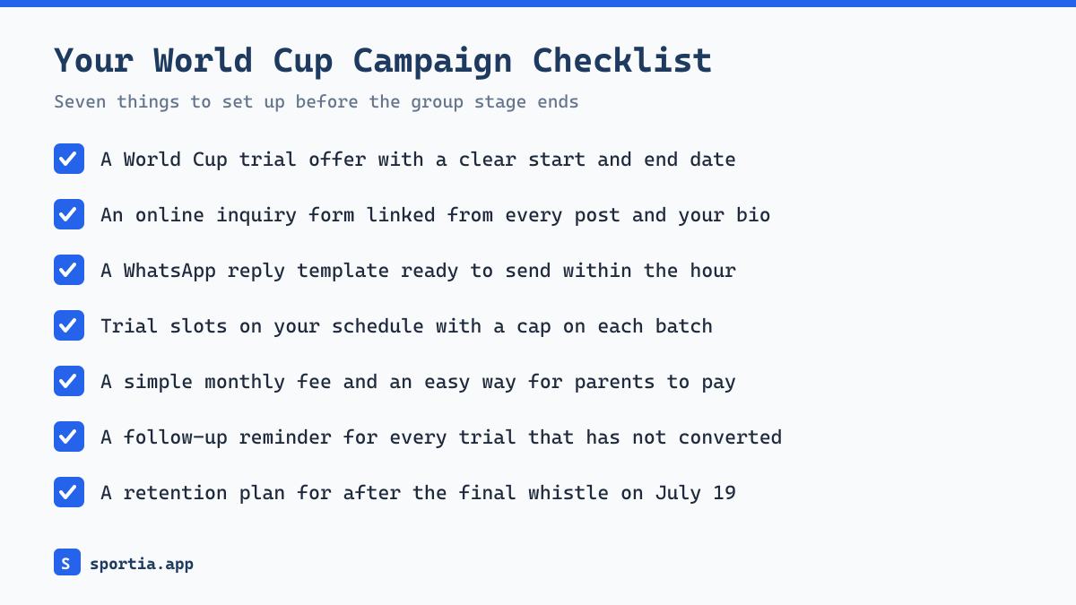 Checklist of seven steps to grow a football academy during the World Cup enrollment surge