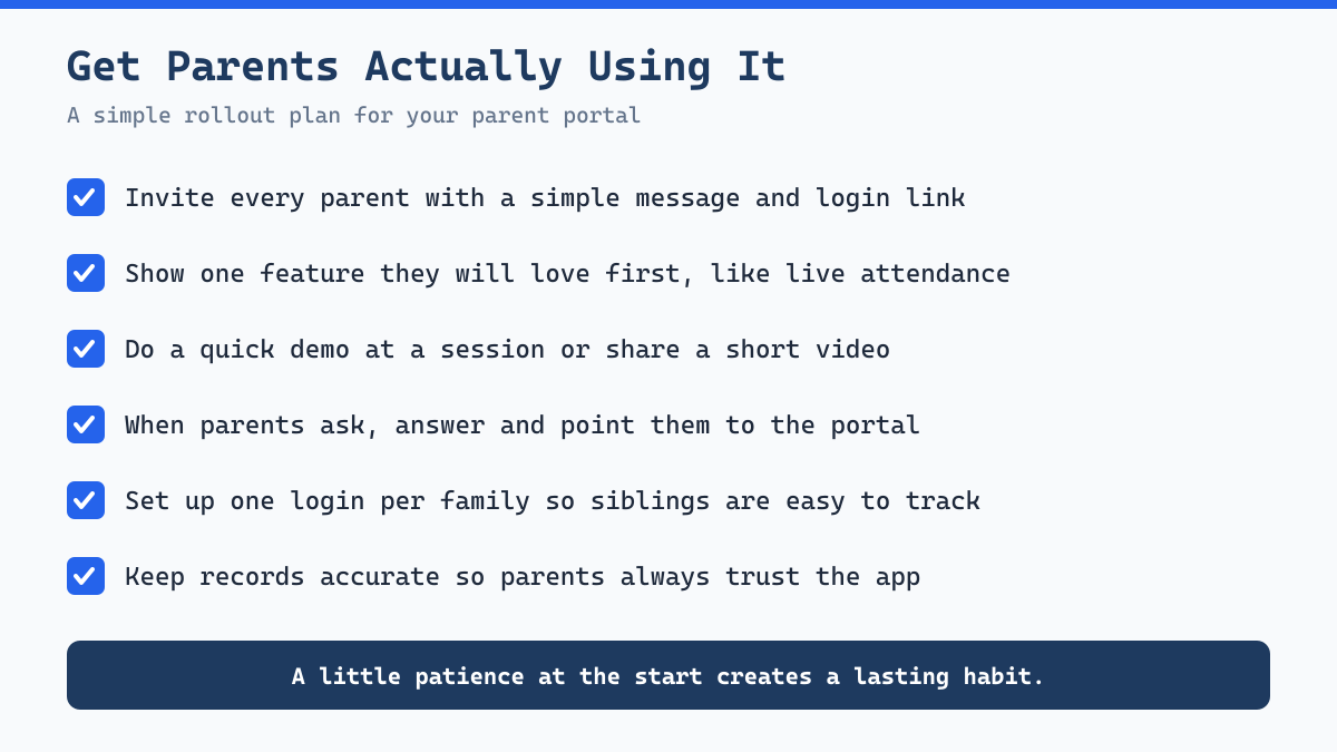Checklist for rolling out a sports academy parent portal so parents actually use it
