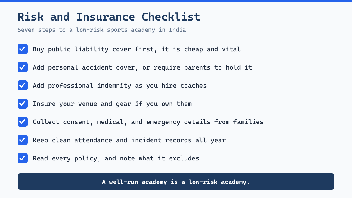 Risk and insurance checklist for a sports academy owner in India
