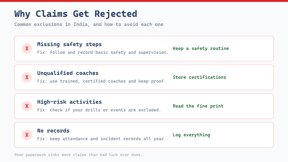 Common exclusions in sports academy insurance in India that can cause a rejected claim