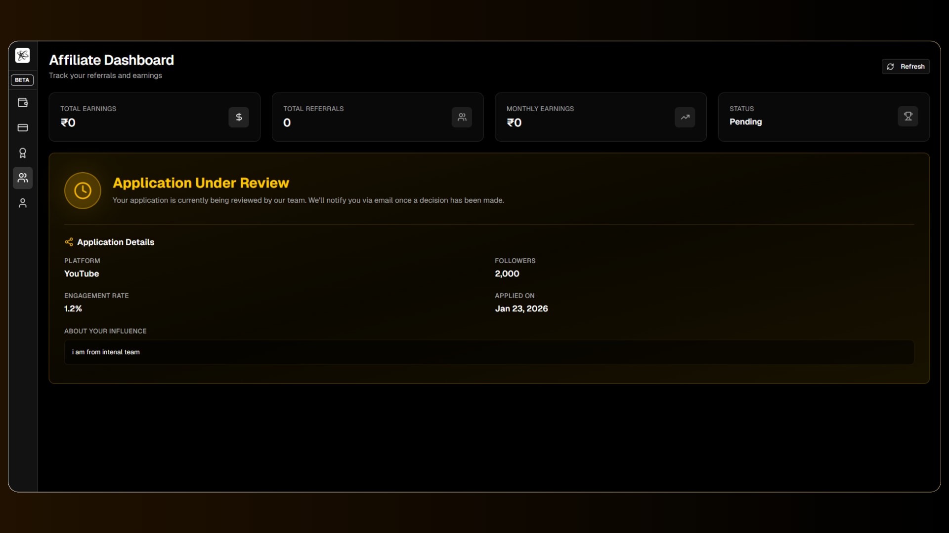 Affiliate status pending