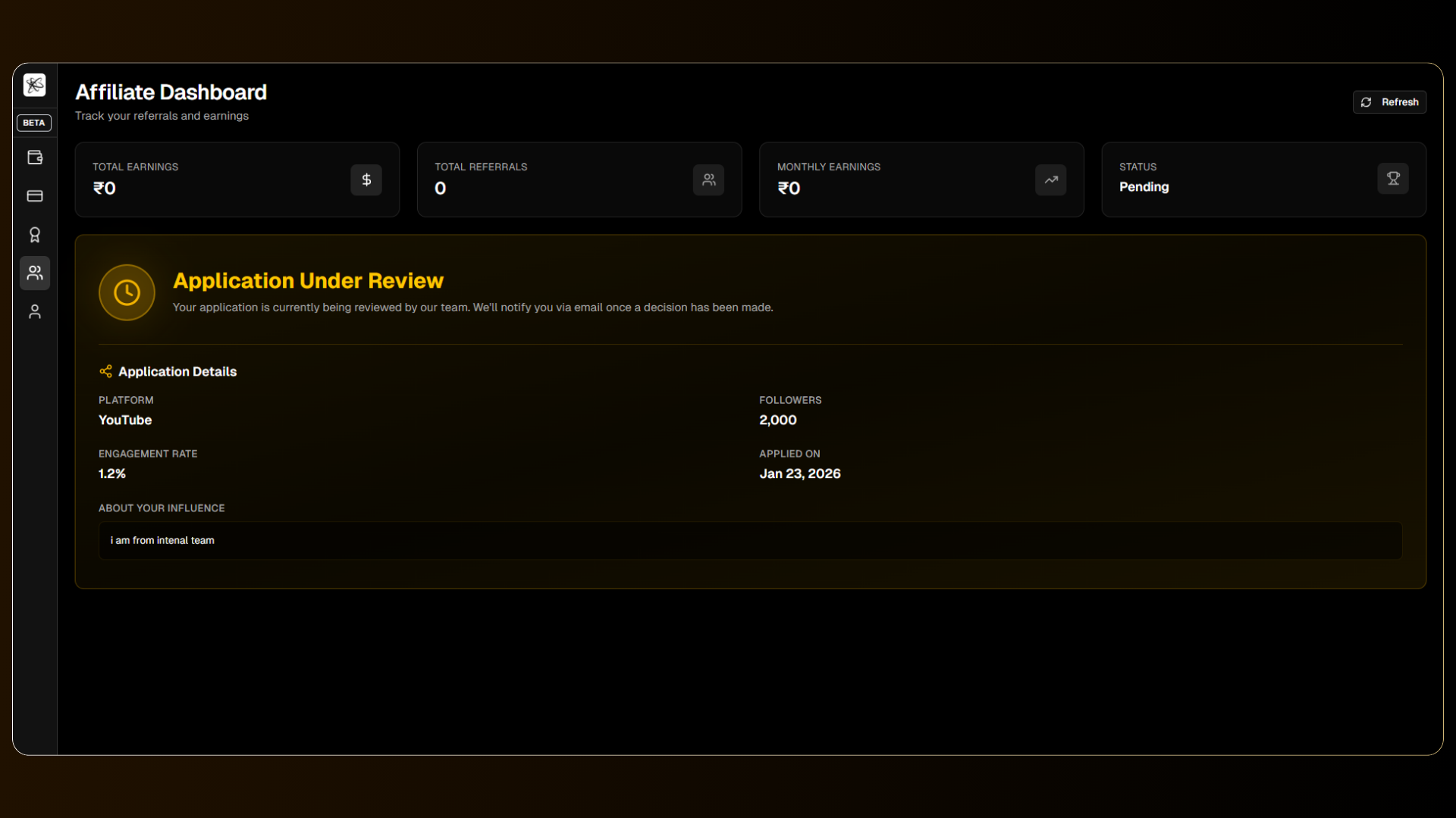 Affiliate status pending