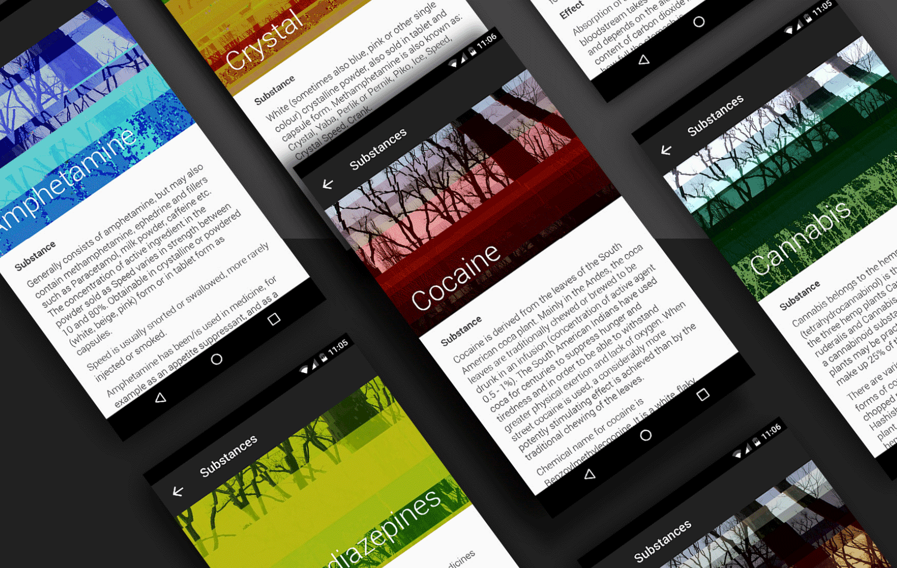 Substance detail screen of the KnowDrugs App: Visuals as rewards for viewing the content