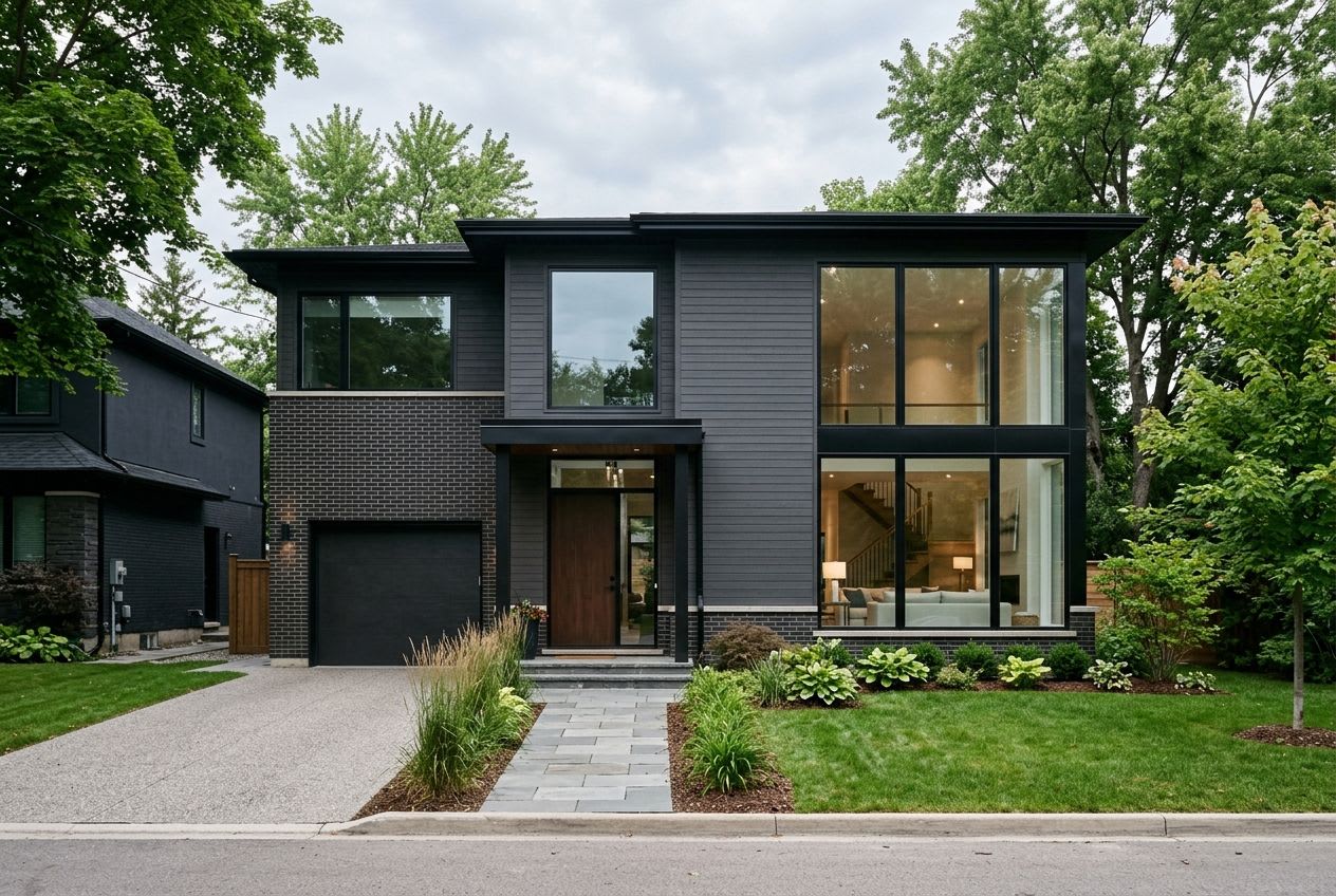 Contemporary home with slim black window frames