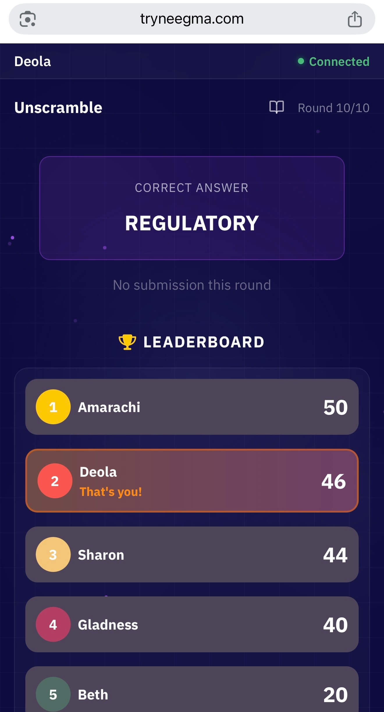 Unscramble gameplay on a player's phone during the Builders in FinTech icebreaker