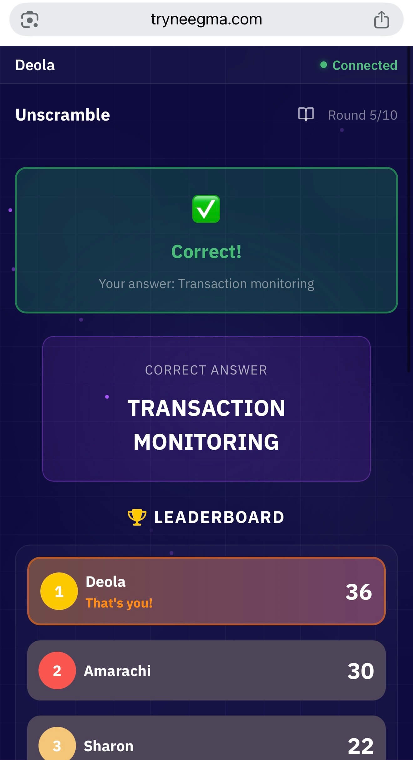 Live leaderboard on a player's phone during the Builders in FinTech icebreaker