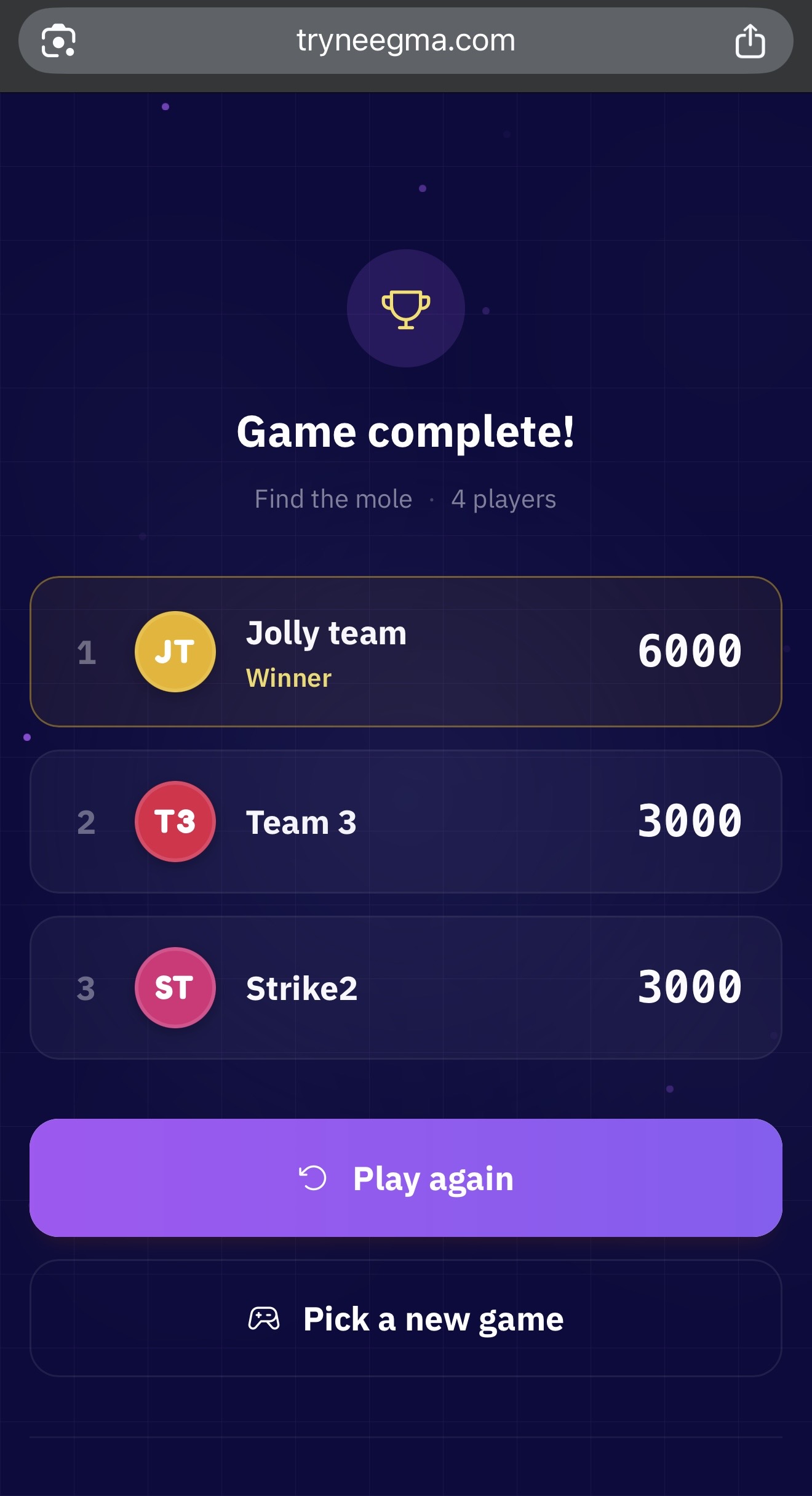 Find the mole results at the end of the game