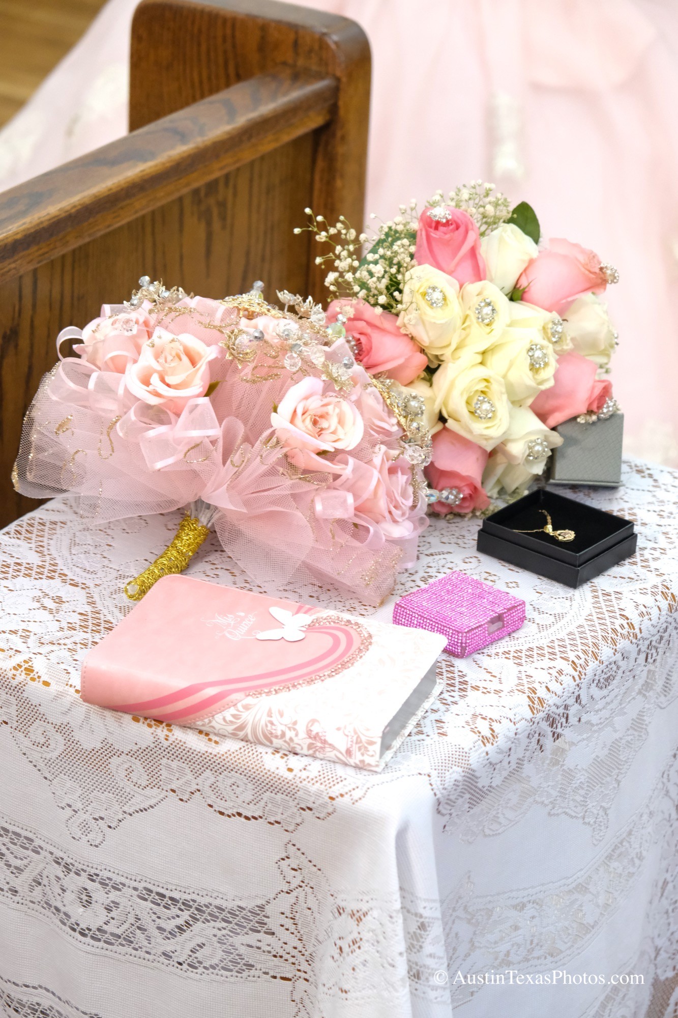 Close-up detail of quinceañera dress and accessories