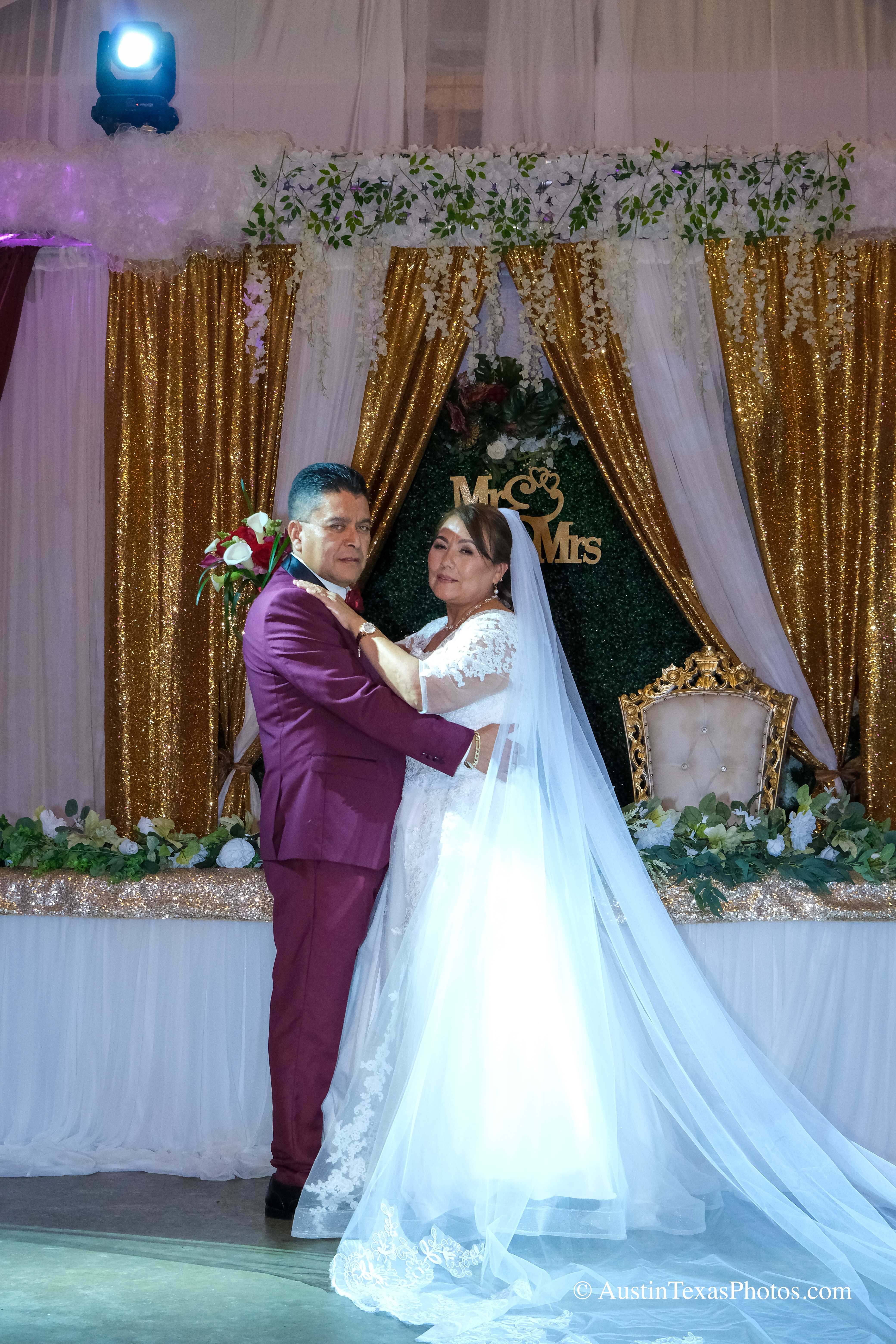 Bride and groom formal portrait at wedding reception in Kyle, Texas